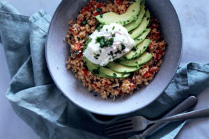 Spiced Cauliflower “Rice” with Avocado and Poached Egg
