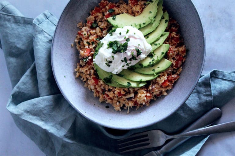 Spiced Cauliflower “Rice” with Avocado and Poached Egg